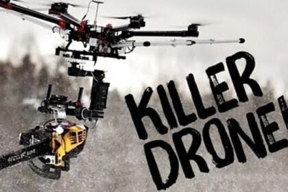 drone volante con motosega