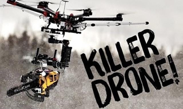drone volante con motosega